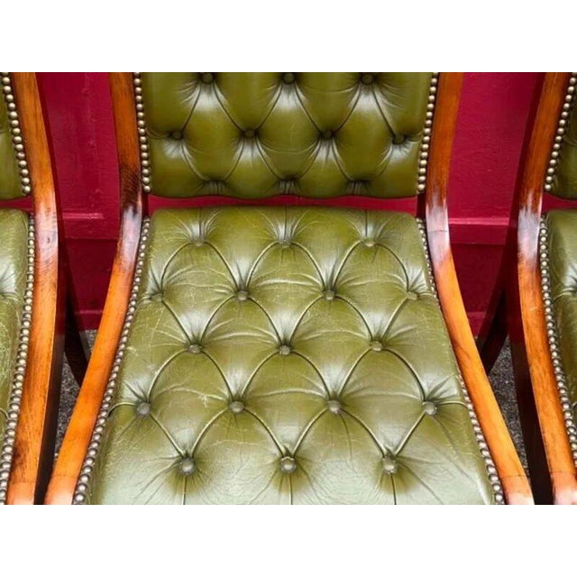 English Chesterfield Chairs in Green Leather, Set of 6 For Sale - Image 4 of 6