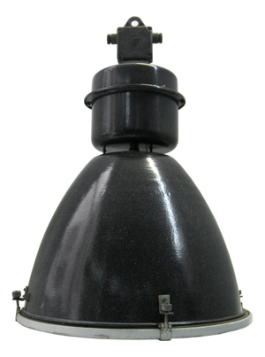 Large Mid-Century Industrial Black Enamel and Clear Glass Pendant Lamp