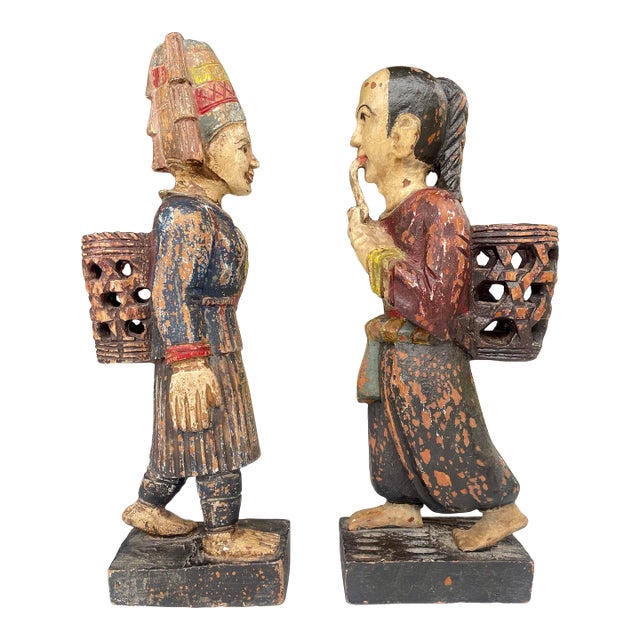 Vintage Asian Carved & Painted Wood Man and Woman Figures - Set of 2 For Sale