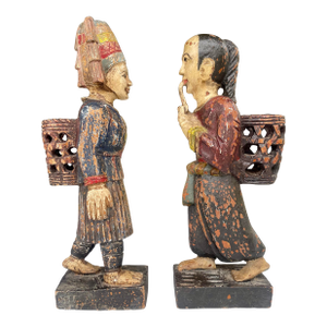 Vintage Asian Carved & Painted Wood Man and Woman Figures - Set of 2