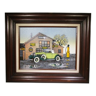 H. Hargrove Serigraph Oil Painting on Canvas Antique Car, General Store, Framed For Sale