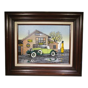 H. Hargrove Serigraph Oil Painting on Canvas Antique Car, General Store, Framed