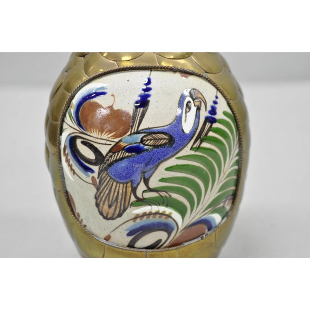 Mid-Century Modern 20th C. Mateos Mexico Tonala Pottery Mid Century Modern Brass Peacock Feather 7" Vase For Sale - Image 3 of 14