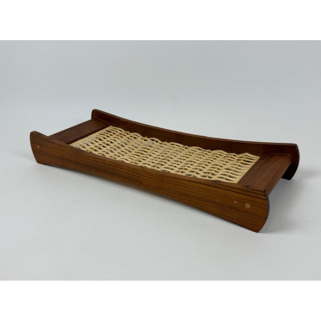 Mid-Century Modern Teak Serving Tray with Rattan Bottom from Poulsen Krogstrup, 1960s, in Very Good conditions. Designed...