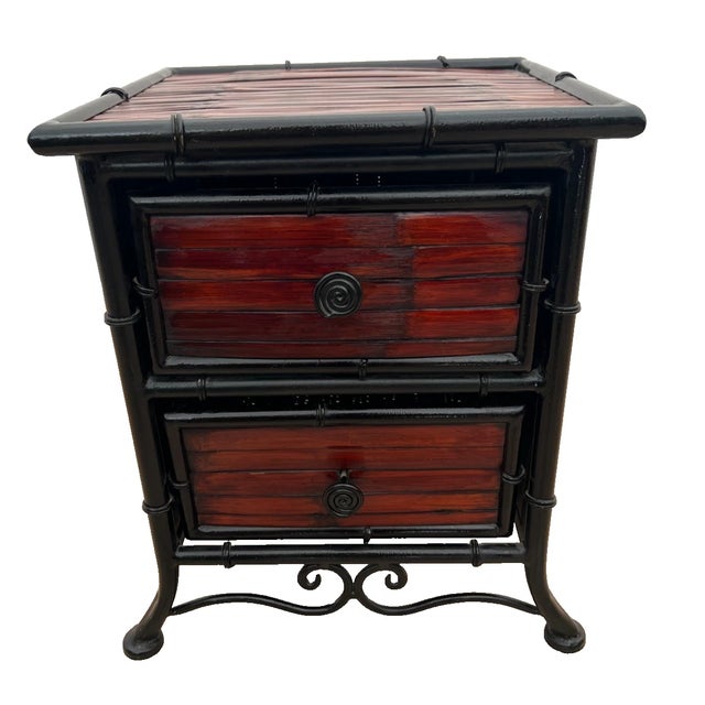 Gorgeous Vintage Nightstand Bedside Table, Two Drawers, Bamboo / Wicker and Iron, petite size, Tiki Tropical Style. 18"...