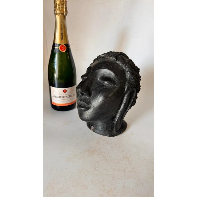 Art Deco Terracotta Sculpture Black Color Woman Head France 1940 Signed.