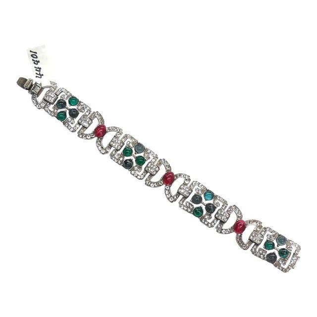 Ben Amun Silver Bracelet with Crystals and Green and Red Stones For Sale