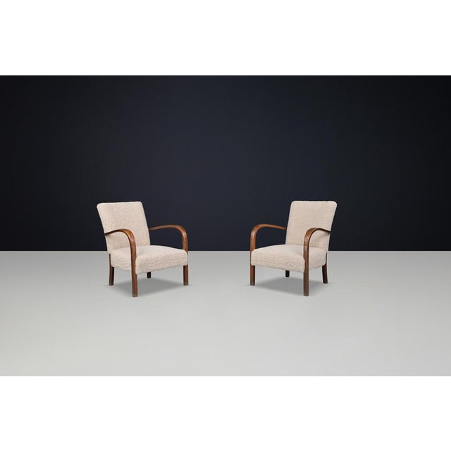 Wood Art Deco Armchairs in Walnut and Teddy Upholstery, Czech Republic, 1930s, Set of 2 For Sale - Image 7 of 9