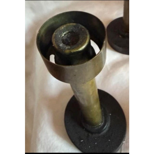 1930s 1930 Antique 5 Pieces Brass Candlestick Holders With Colorful Glass Shades & Cast Iron Bases. For Sale - Image 5 of 9