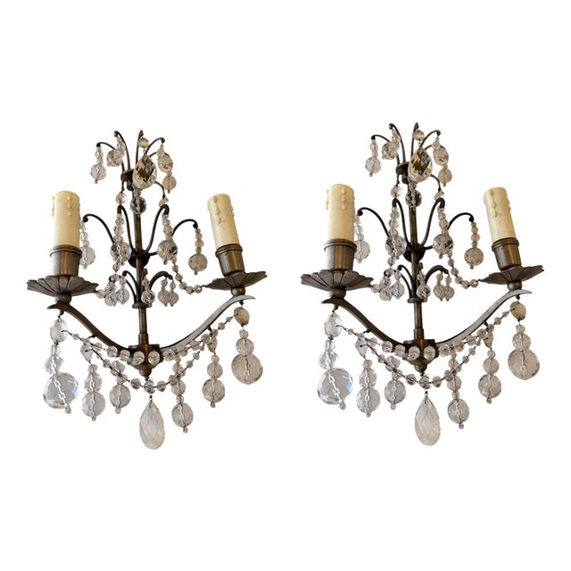 Louis XVI French Silvered Metal and Cut Crystal Two-Light Sconces, 1940s, Set of 2 For Sale