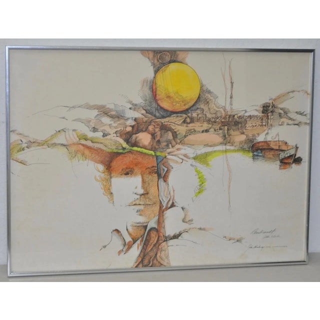 Rembrandt In 1960s Fantasy - Lithograph w/ Watercolor by John Charles c.1967 A 1960s psychedelic Rembrandt fantasy...