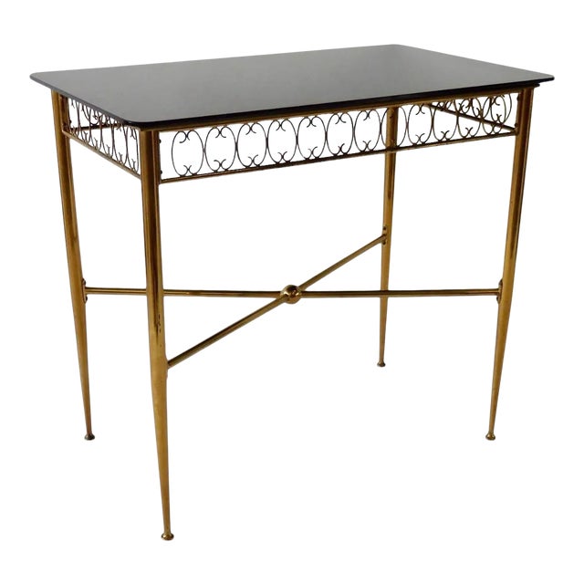 Tommi Parzinger Style Brass Base Vitrolite Glass Top Console Table For Sale