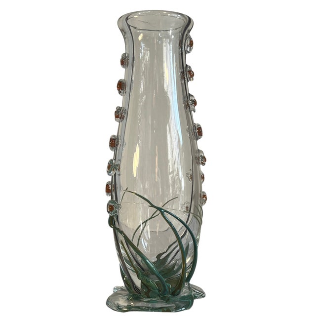 Contemporary Art Glass Vase With Textural Applied Floral Grass Design For Sale - Image 3 of 18