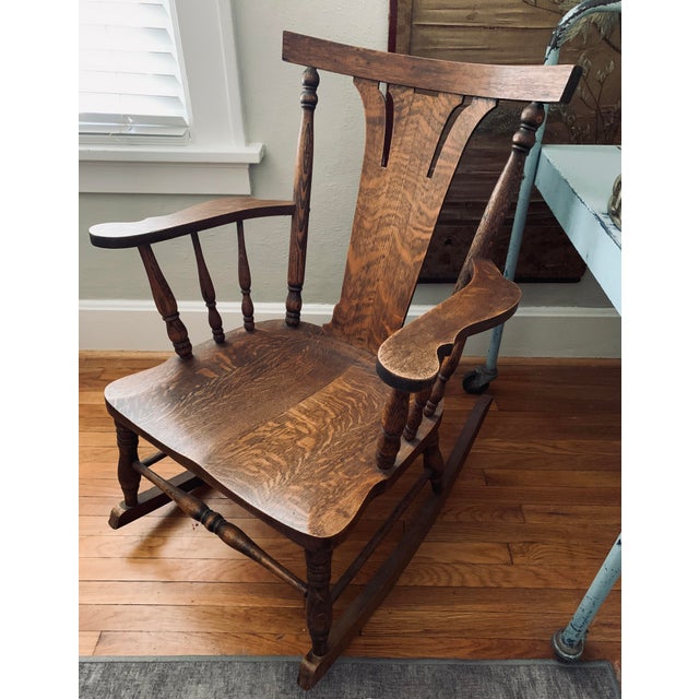 Arts & Crafts Early 1900s Antique Arts and Crafts Movement Tiger Oak Rocking Chair For Sale - Image 3 of 12
