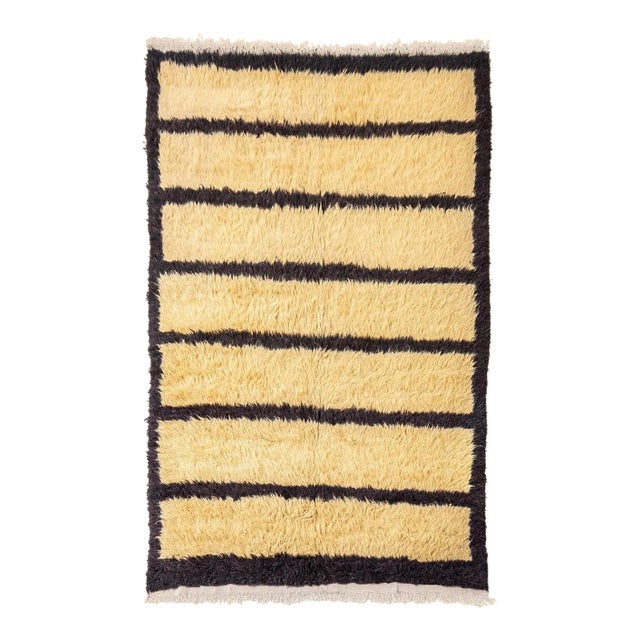 Vintage Handmade Turkish Tulu Beige and Brown Black Striped Wool Tribal Shag Floor Rug, 5’ X 8’ For Sale