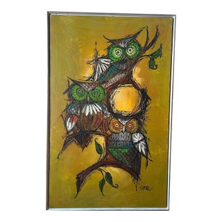 1970’s Mid Century Modern Expressionist Large Abstract Owl Painting on Canvas For Sale