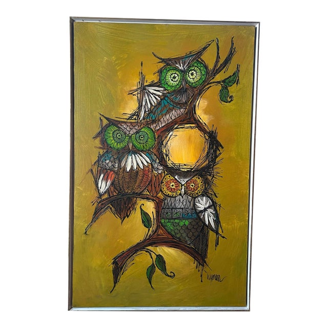 1970’s Mid Century Modern Expressionist Large Abstract Owl Painting on Canvas For Sale