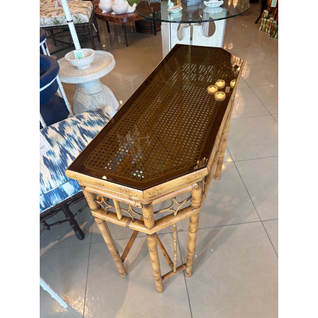 Wood Vintage Brighton Style Rattan Woven Cane Tortoise Demi Lune Console Table For Sale - Image 7 of 12