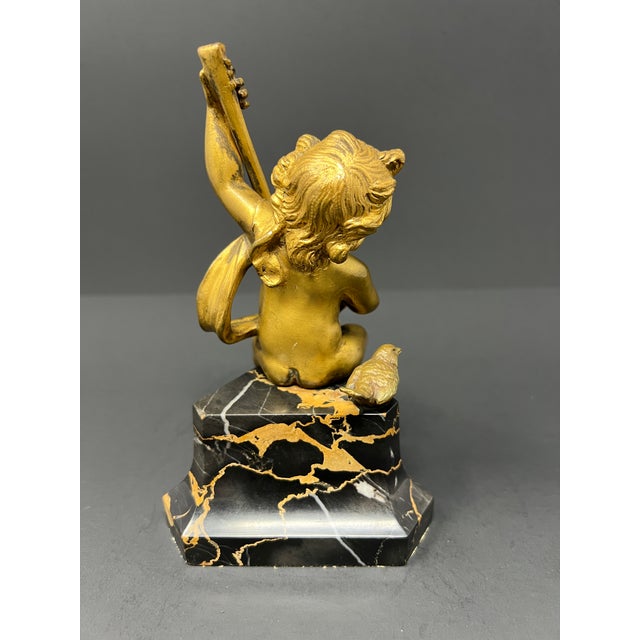 French 19th Century French Gilt Metal Cherub With Lyre on Black Marble Base For Sale - Image 3 of 7