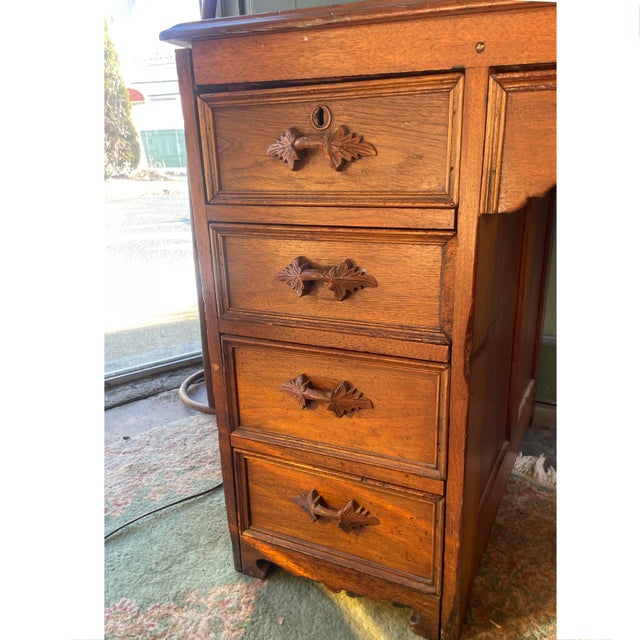 1900 - 1909 Early 20th Century Arts and Crafts Era Oak Partners Desk Wit Carved Pulls For Sale - Image 5 of 11