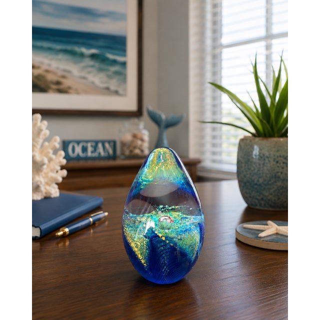 Glass Dichroic Glass Eye Studio Paperweight – Blue Aqua Gold Sculpture Signed 1999 For Sale - Image 7 of 8