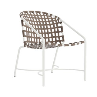 Brown Jordan Kantan Aluminum Arm Chair in Chalk with Mica Suncloth Strapping For Sale
