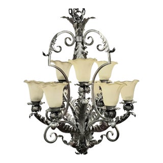 Mid 20th Century French Art Deco 9-Light Hand-Forged Wrought Iron Acanthus Chandelier For Sale
