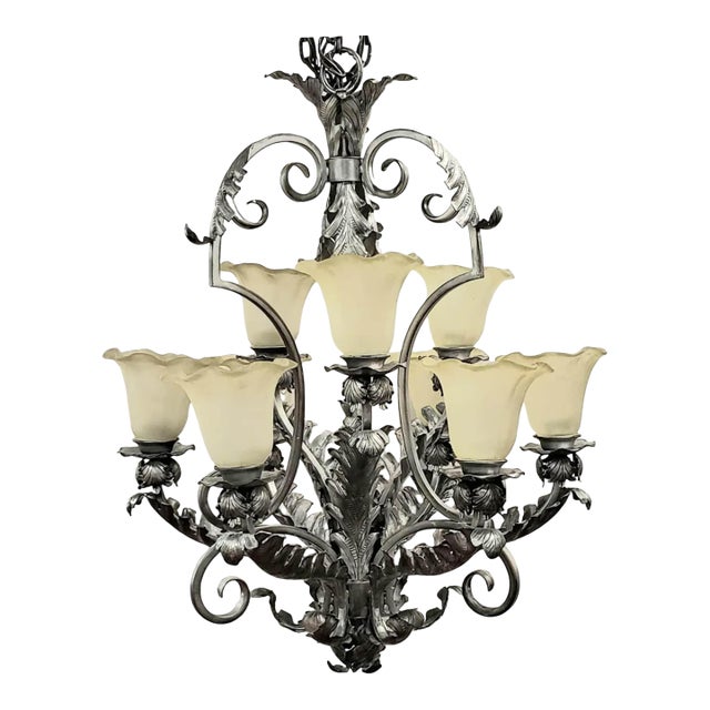 Mid 20th Century French Art Deco 9-Light Hand-Forged Wrought Iron Acanthus Chandelier For Sale