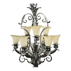 Mid 20th Century French Art Deco 9-Light Hand-Forged Wrought Iron Acanthus Chandelier