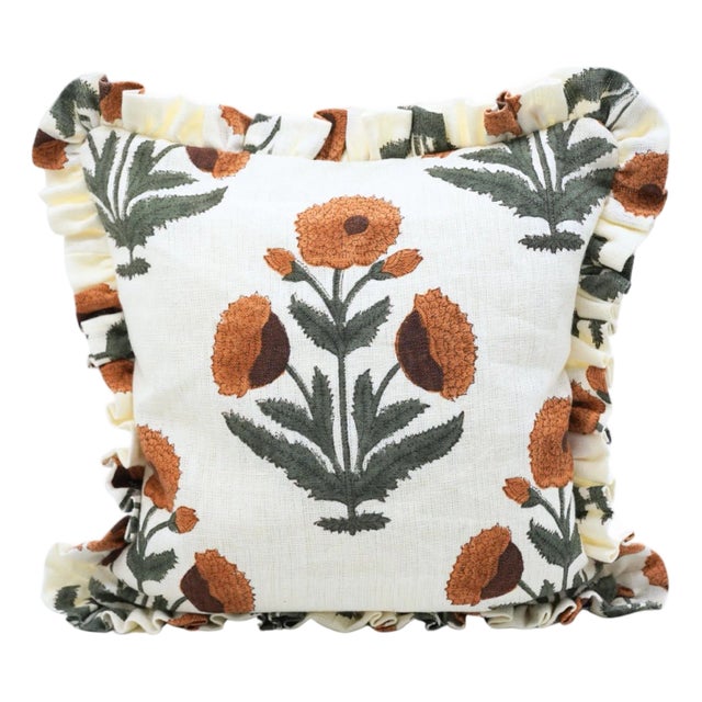 Badshah Block Print Off-White Linen Boho Frill Pillow Cover Handmade Double-Sided 14x14 Inch For Sale