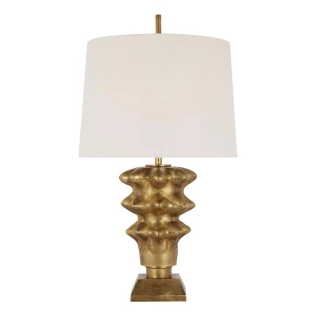 Thomas O'Brien by Visual Comfort Signature Luxor Medium Table Lamp in Museum Brass with Linen Shade For Sale