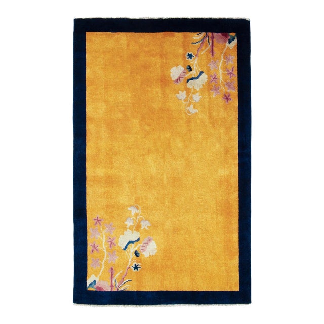 Vintage Chinese Deco Style Rug in Gold, Navy Border, Bright Floral Patterns For Sale