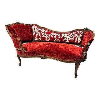 Antique 19th Century French Louis XV Chaise in Crushed Red Velvet and New Otomi Hand Embroidery For Sale