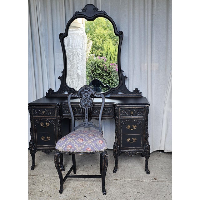 Black Vanity With Chair, 1930s Parisian, Romantic Style For Sale - Image 9 of 18