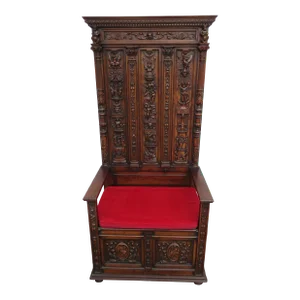Late 1800s Gothic Heavy Hand Carved Throne Chair Hall Seat Bench