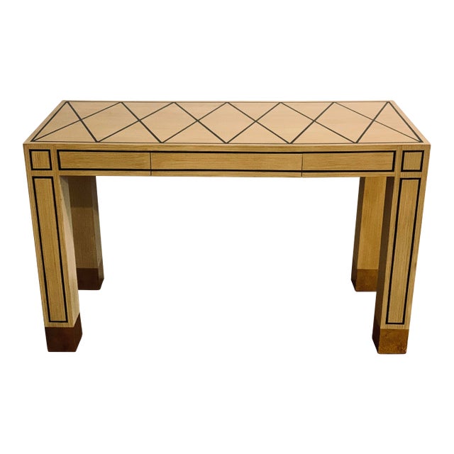 Vintage Mid-Century Modern Rectangular Wood Parsons Style Custom Console/Desk With Geometric Painted Design in Black, Circa 1980s For Sale