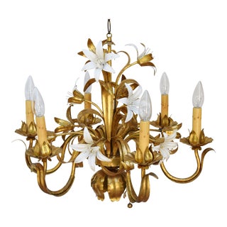 1950 Italian Gilt Tole Floral 6-Arm Chandelier For Sale