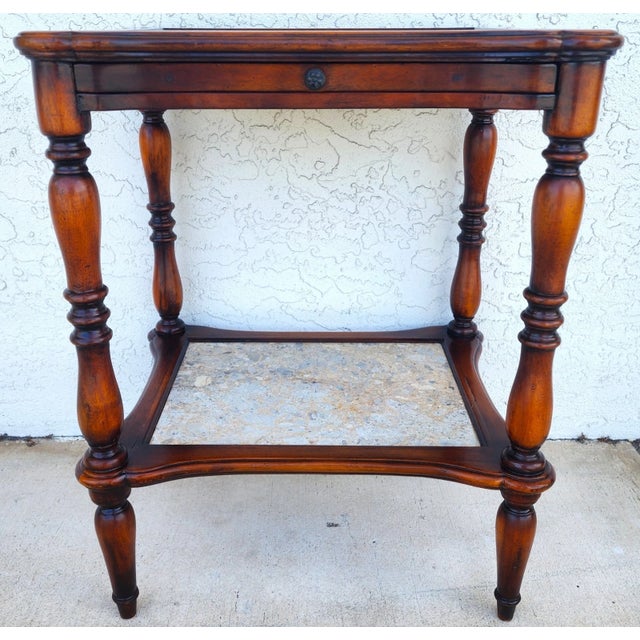 1990s Theodore Alexander 2 Tier Mahogany & Marble Side Lamp Table With Pullout Top For Sale - Image 5 of 11
