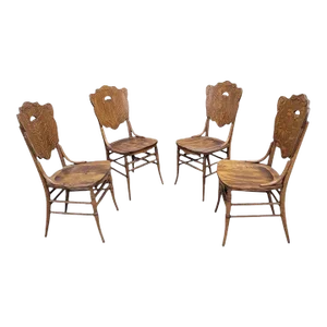 Antique Bent Quarter-Sawn Oak Cut Out Back Chairs - Set of 4