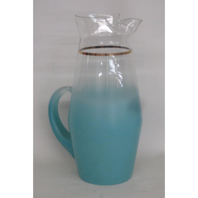 West Virginia Glass Company Turquoise Blendo Pitcher With Gold Accent 4911b For Sale - Image 17 of 17