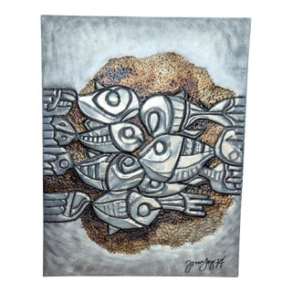 Signed - Brutalist School of Fish Mixed-Metal Relief Wall Sculpture — 1974 For Sale