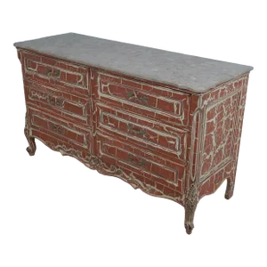French Crackle Painted Finish Marble Top Dresser Chest
