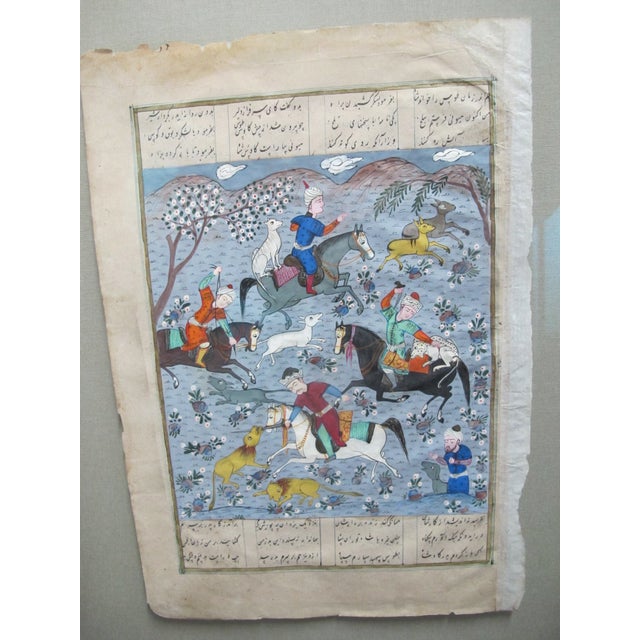 Blue Antique Persian Illuminated Manuscript Mughal Art Horsemen Hunting Painting For Sale - Image 8 of 9