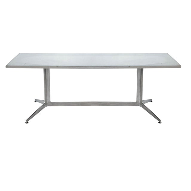 Ward Bennett Frosted Glass and aluminum legs Dining Table/Desk, 1960. Chairs are sold in separate listing. Measures 28.25”...