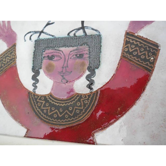 Expressionism Irene Awret, Girl & Rooster Enamel Glazed Ceramic Plaque Israeli Artist Awret Naive Folk Art For Sale - Image 3 of 7