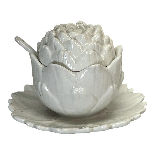 Italian White Artichoke Condiment Server With Spoon For Sale