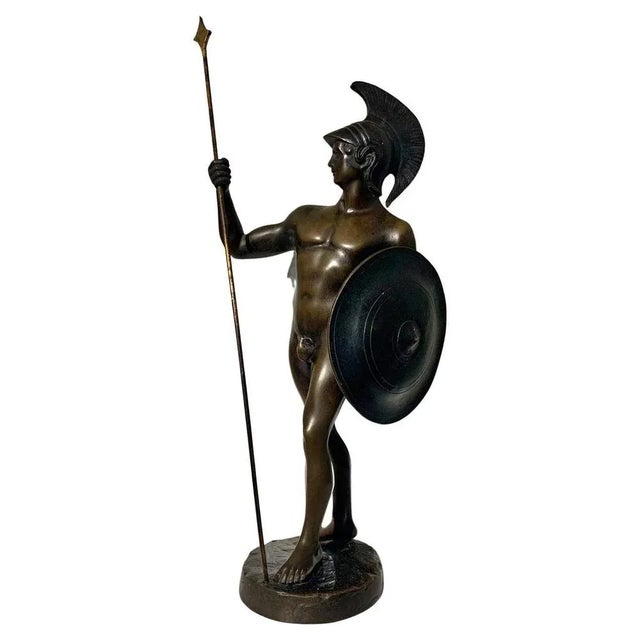 Metal Italian Bronze Sculpture Greek Warrior with Spear and Shield For Sale - Image 7 of 7