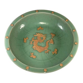 Vintage Chinese Longquan Celadon Crackle‑Glaze Shallow Plate With Relief Dragon Motif For Sale