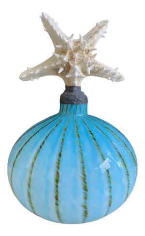 1990s 15” Turquoise Blown Glass Vessel With Starfish
