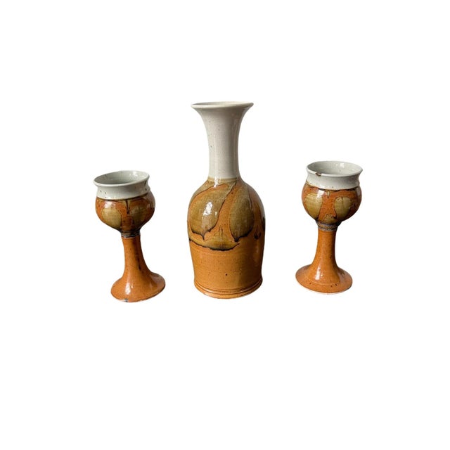 Mid Century Ceramic Artisan Carafe Decanter and Goblet Set Singed- 3 Pieces For Sale - Image 12 of 12